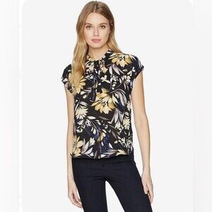 Nine West tie neck black floral blouse top size large